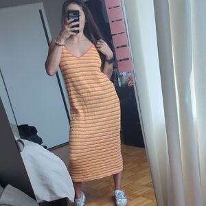 Zara Striped Midi Dress in Orange and Yellow
